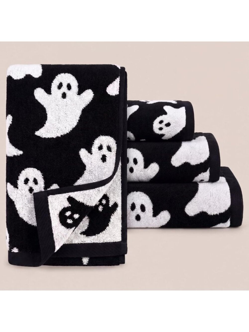 3 Pcs Halloween Ghost Bath Towels Set - Black & White Bathroom Decor